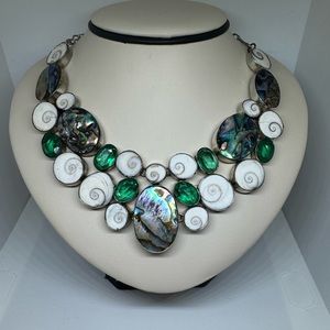 Green& white shell necklace silver tone. Handmade. Chain is 7” on both sides